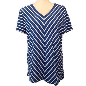 TALBOTS XL Bias Stripe‎ V-Neck Tee Top Blue White 100% Cotton Short Sleeve